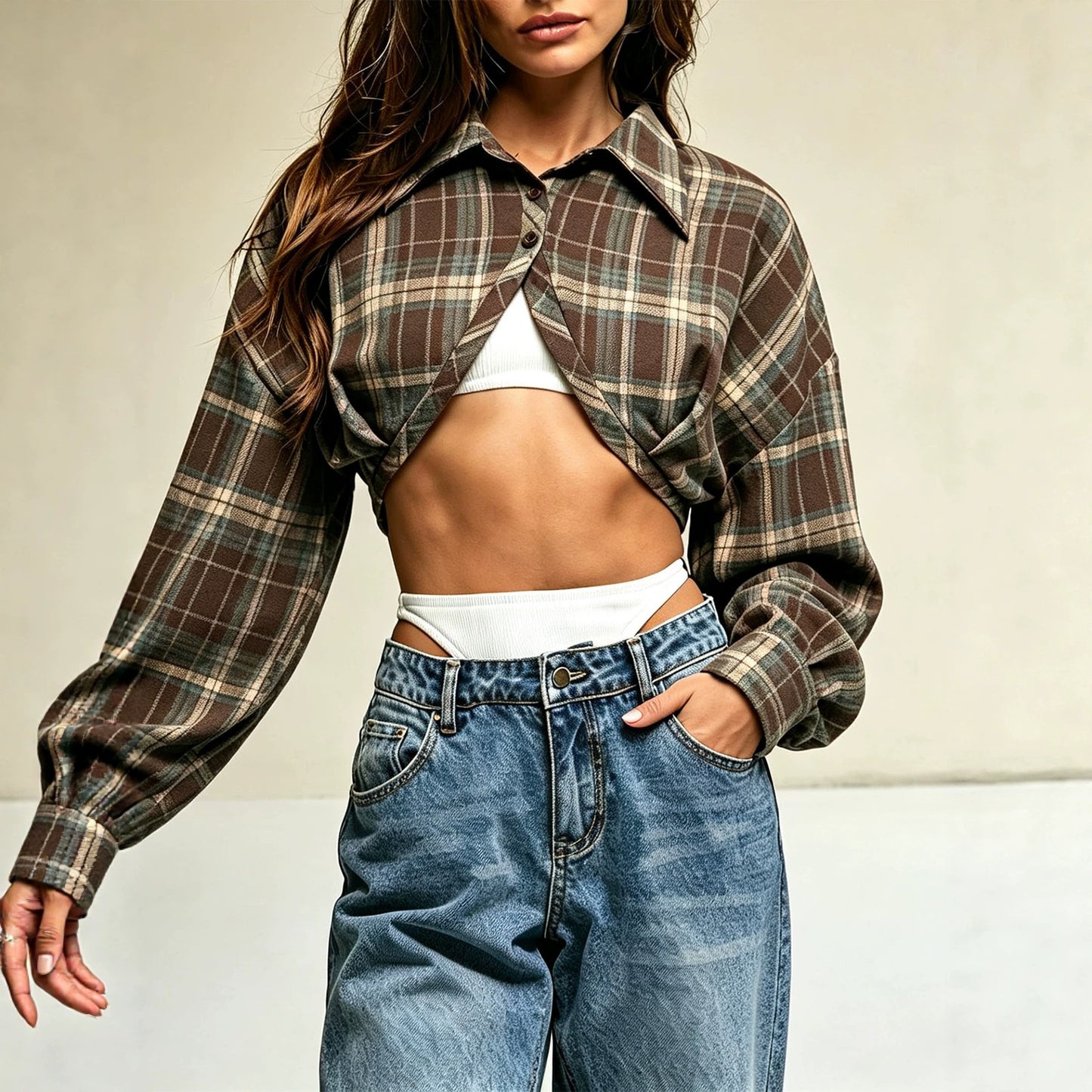 Asymmetric hem checkered short top
