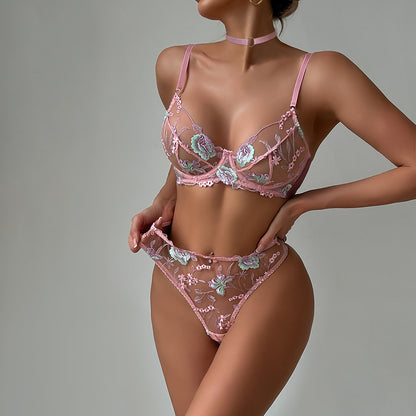 Lace Embroidery Women's Bra Flower Embroidery Advanced Craft Steel Ring Gathered Sexy Lingerie Set