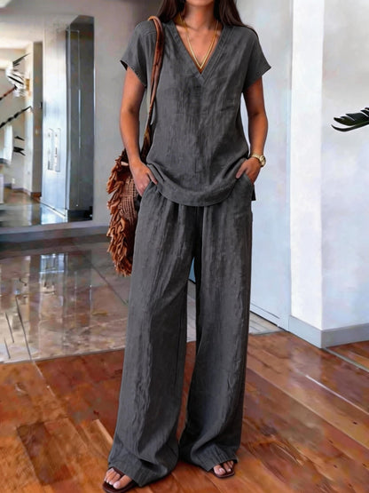 Clothing  Solid Color Women's Fashion Set V-Neck Short Sleeve Long Pants Casual Two-Piece Set