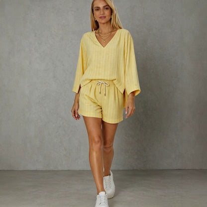 Loose V-neck long sleeved shorts striped set