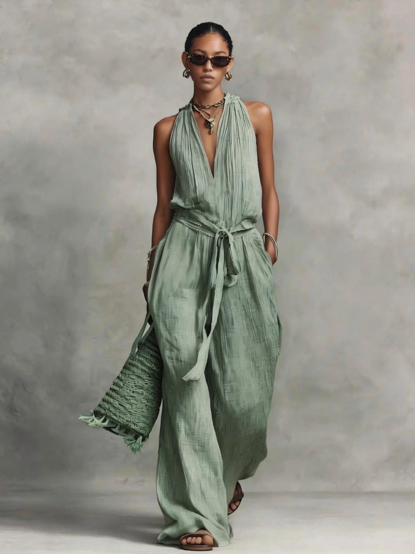 Long Sleeve Women's Jumpsuit with Belted Design Casual V-Neck Sleeveless Jumpsuit