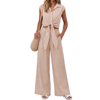 Spring Summer Women's Striped Buttoned Sleeveless Shirt and Pants Set