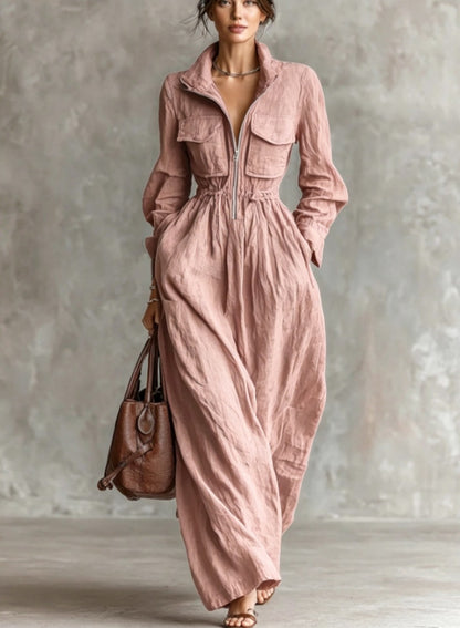 Women's Zipper Collar Elastic Waist Long Dress