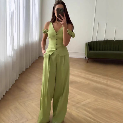 Women's Summer High-Waisted Casual Commute Fashion Solid Color Short Sleeve Two-Piece Set Pants