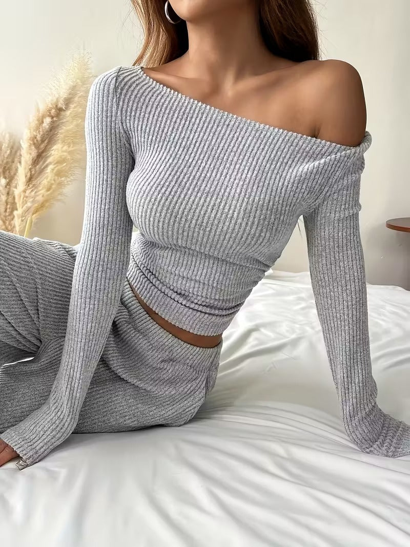 Long Sleeve Crop Top Pants Two-Piece Outfit