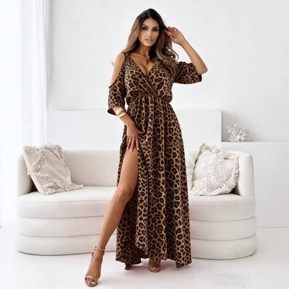 Leopard striped strap slit dress for women