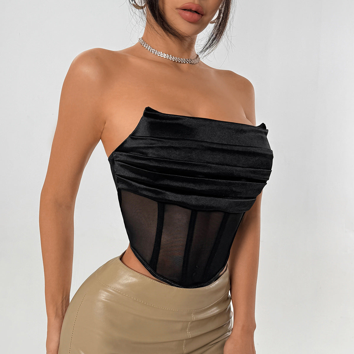 Sweet and Spicy Style Women's Unique Design Patchwork Backless Mesh Halter Nightclub Top