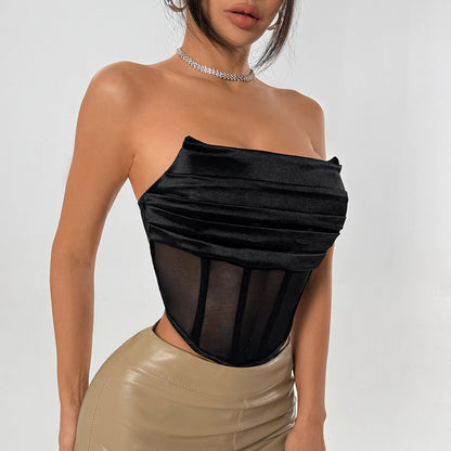 Sweet and Spicy Style Women's Unique Design Patchwork Backless Mesh Halter Nightclub Top