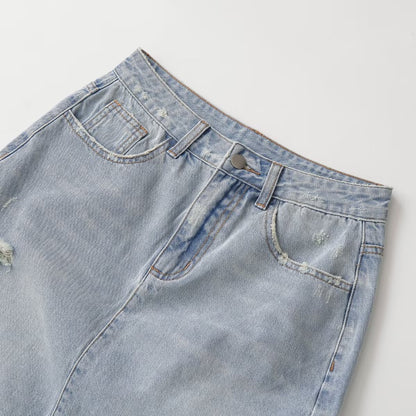 Mid waist perforated casual denim skirt