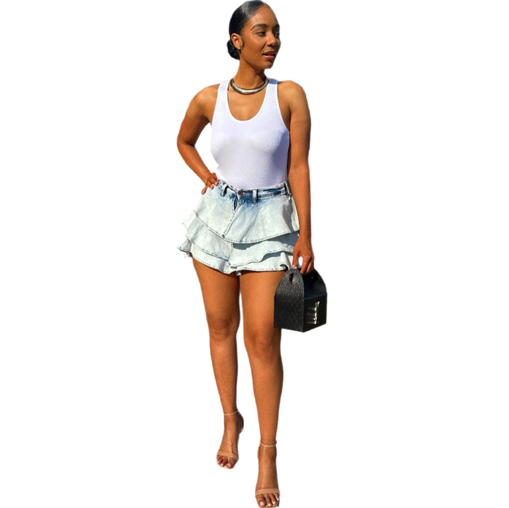 Style High-Waisted Denim Ruffle Mini Skirt Fashion Irregular Mini Skirt for Women