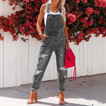 Cropped Blue Denim Overalls for Women with Ripped Details Casual FashionStrap Design, Perfect for Everyday Wear
