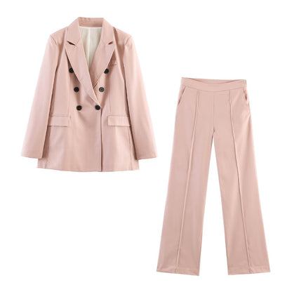 Linen double breasted suit+straight leg pants set