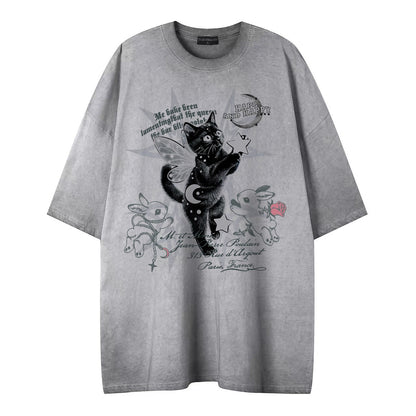 Dreamy black cat print short sleeved shirt