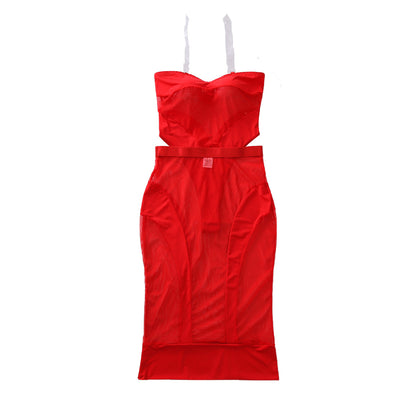 Sheer Mesh Sleeveless Spliced Fitted Bodycon Dress Two-Piece Set
