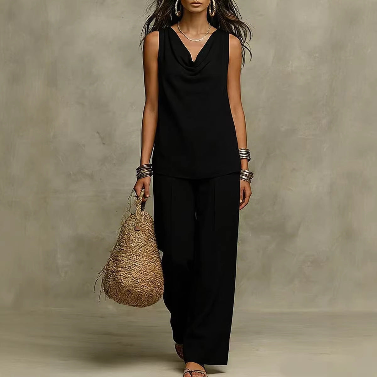 New Women's Fashion Casual Set, Pure Color V-Neck Top Outfit for Market