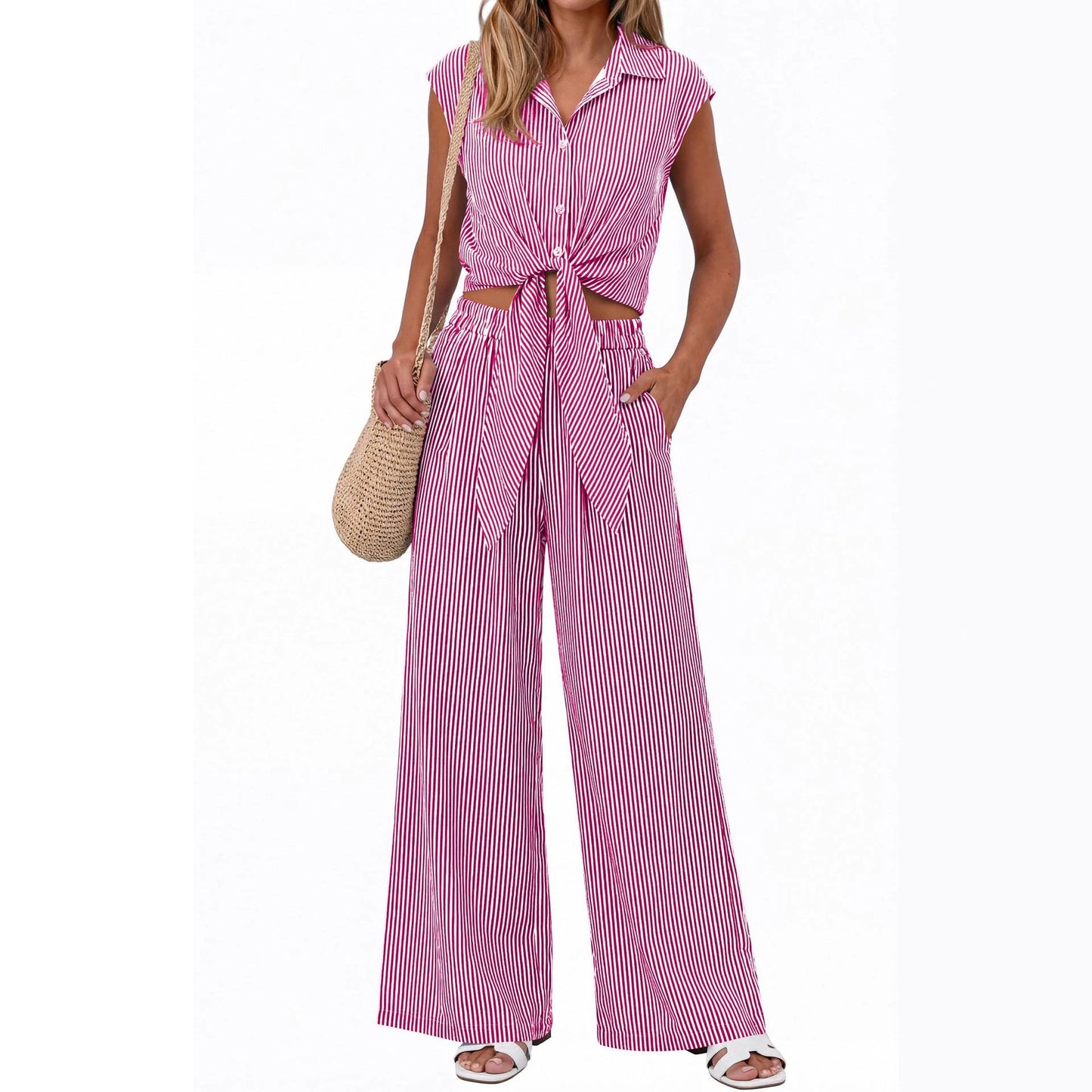 Spring Summer Women's Striped Buttoned Sleeveless Shirt and Pants Set
