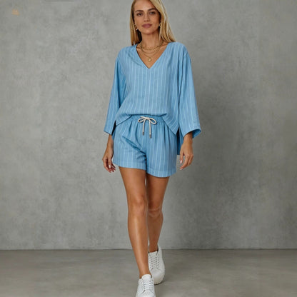 Loose V-neck long sleeved shorts striped set