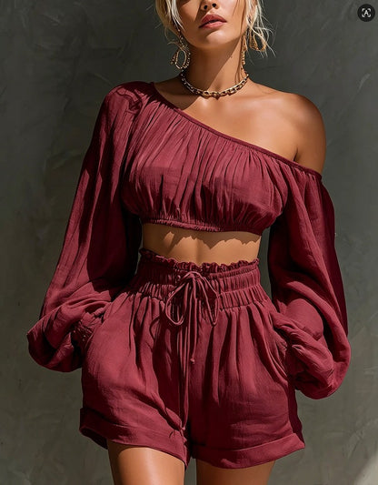 Shoulder long sleeved short top+high waisted casual shorts set for women
