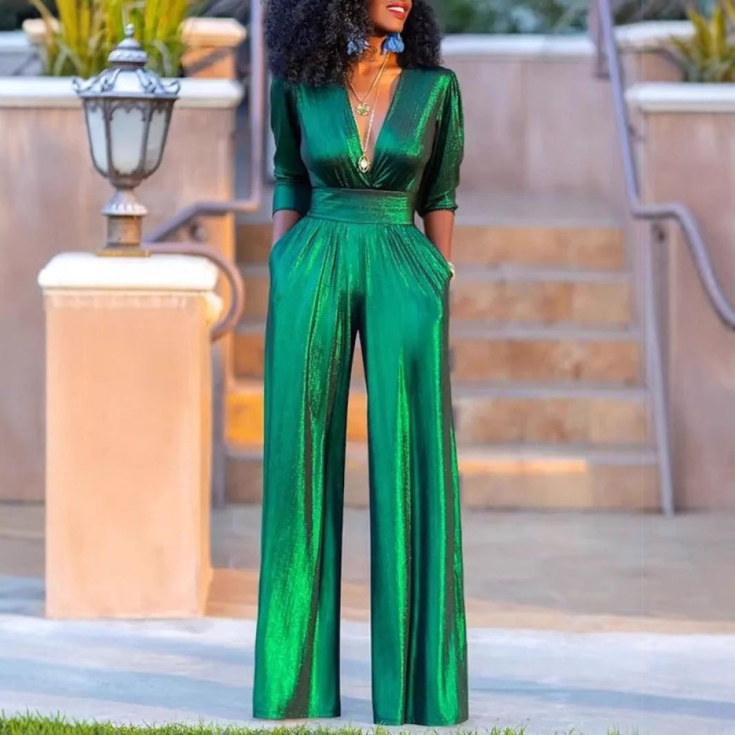 Women's autumn sexy V-neck hot stamping jumpsuit