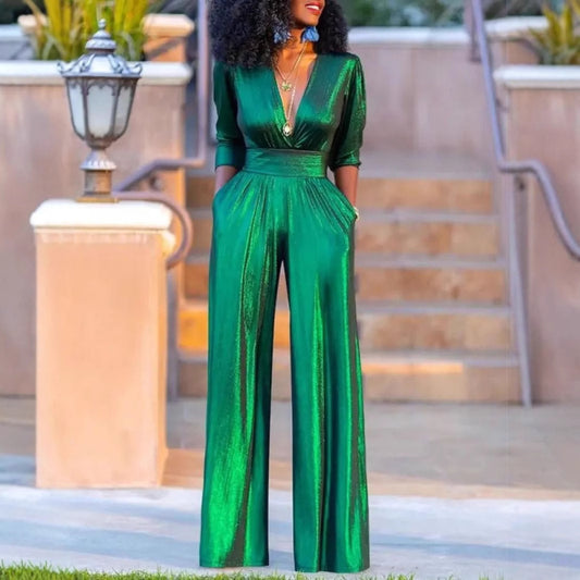 Women's autumn sexy V-neck hot stamping jumpsuit