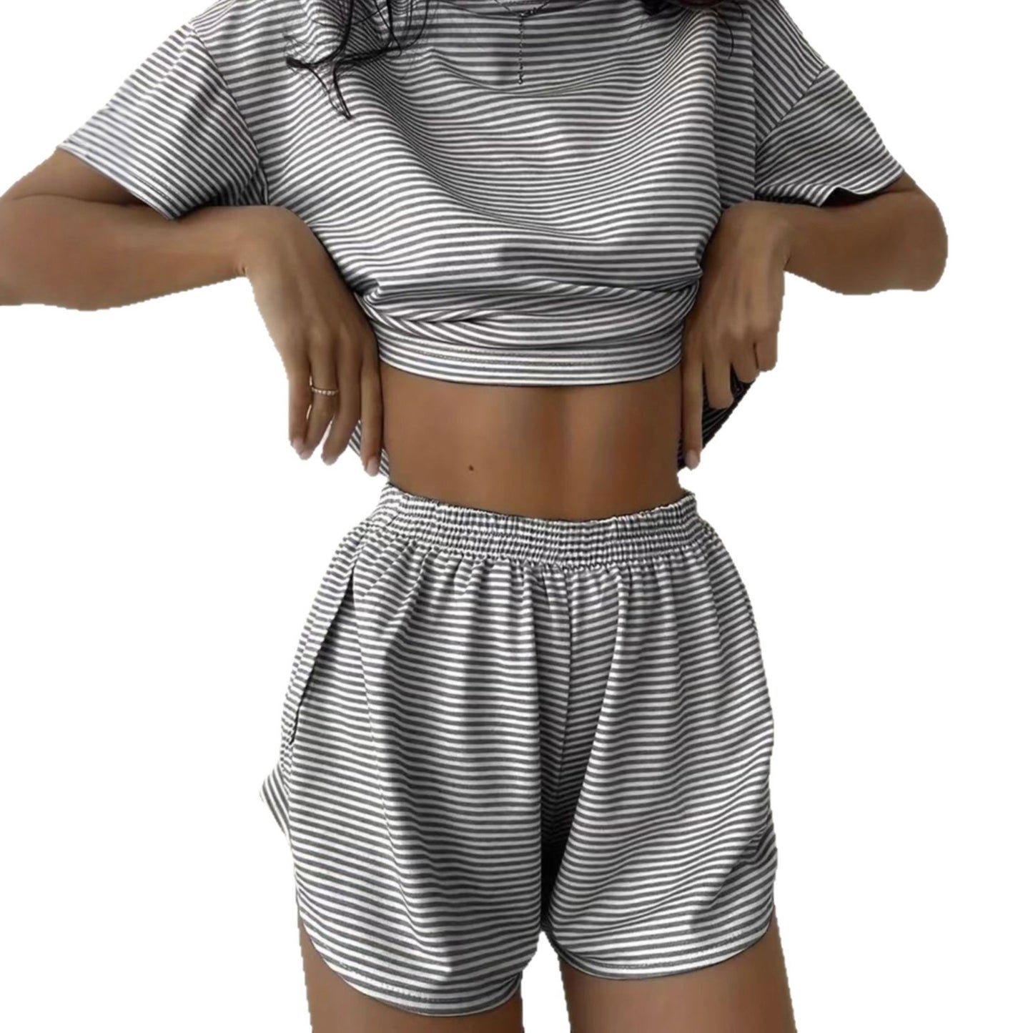 Casual Home Wear Set for Women, Simple Color-Blocked Stripe, Lightweight Round Neck, Loose and Comfortable