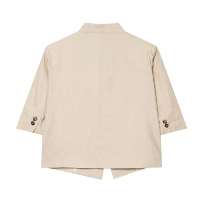Stand collar linen blend short sleeved suit jacket