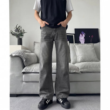 Slant Cut Flared Jeans Men Street Style Clean Fit Straight Leg Slim Flared Pants Vibe Trendy