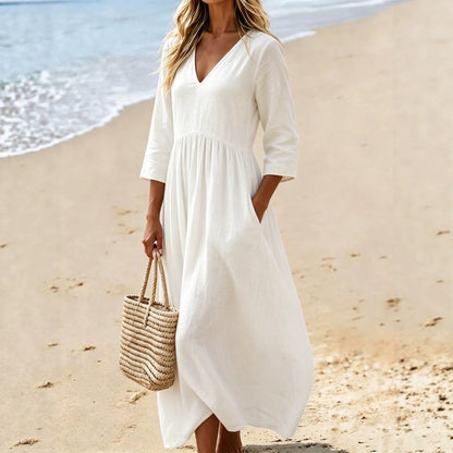 Solid color V-neck dress for women