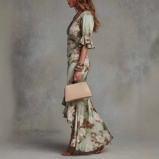 Elegant Long Dress with V-Neck, Fitted Silhouette, Floral Print and Ruffle Hem