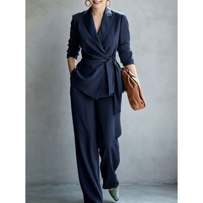 Women's casual solid color suit lace up top and pants two-piece set