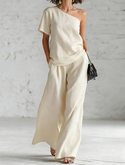 Fashionable Off-Shoulder Top and Wide-Leg Pants Casual Outfit Set