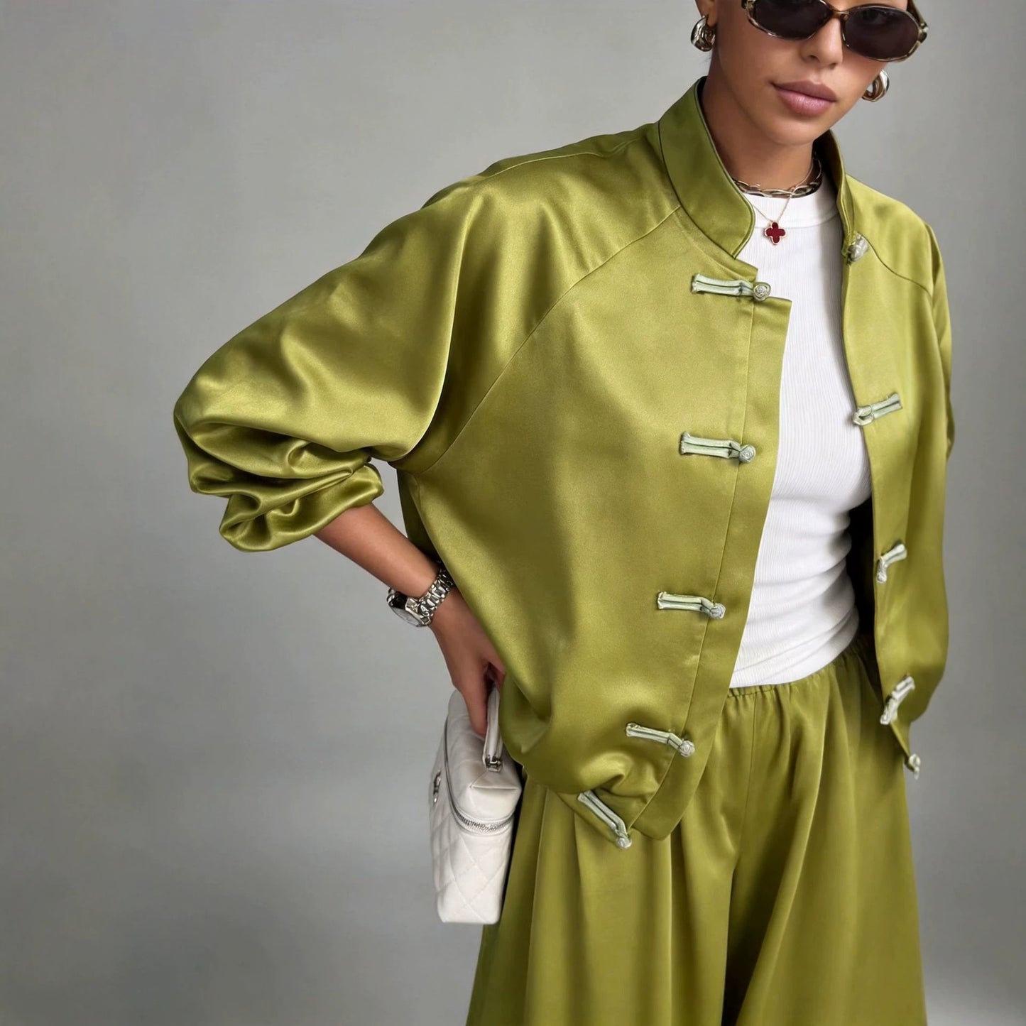 Satin set with hanging wide leg pants and drawstring two-piece set