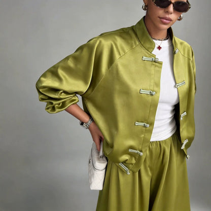 Satin set with hanging wide leg pants and drawstring two-piece set