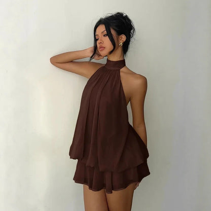 Women's vacation fitted sexy backless halter neck tie-waist dress with puffy short skirt