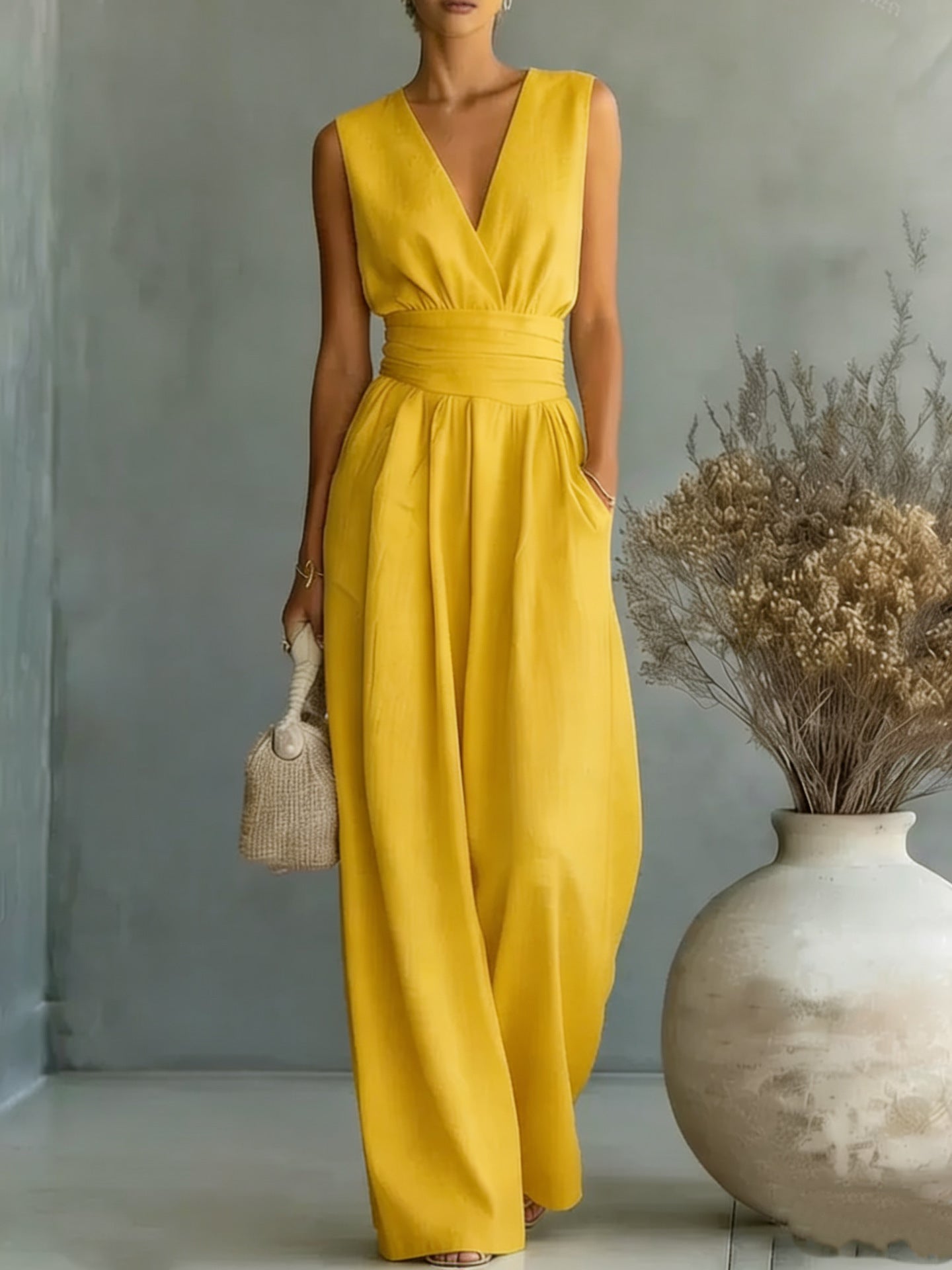 Sleeveless waist cinched V-neck women's jumpsuit
