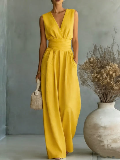 Sleeveless waist cinched V-neck women's jumpsuit