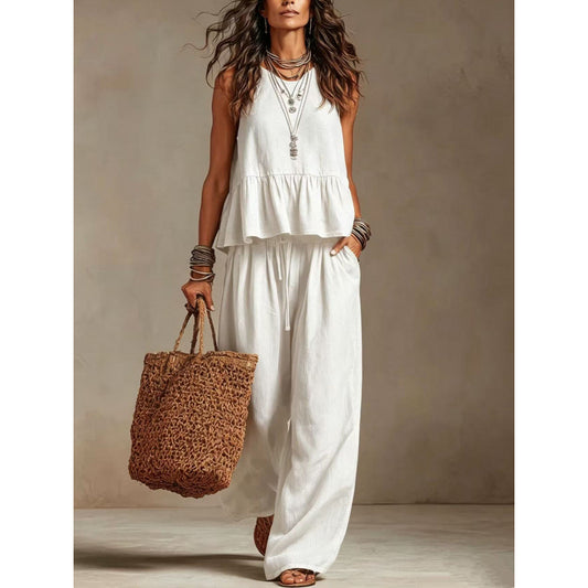 Simple Casual Cotton Linen Ruffle Sleeveless Wide Leg Set Women's Two-Piece Outfit