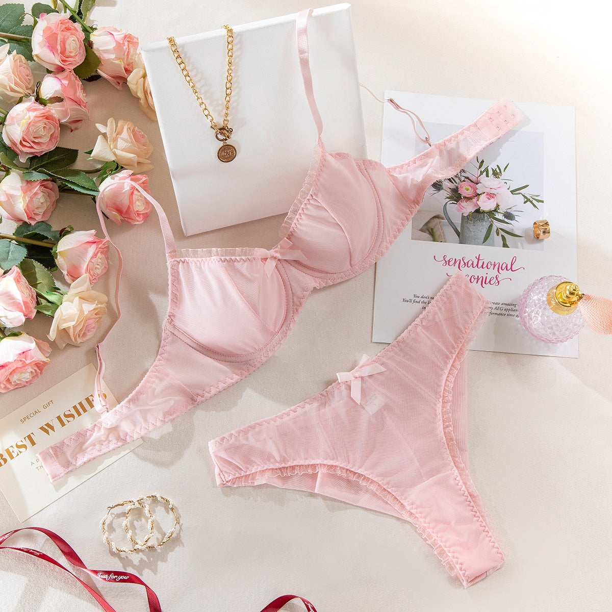 Sexy Mesh Printed Underwear Thin Breathable Comfortable Gathering Bra and Panty Set for Women