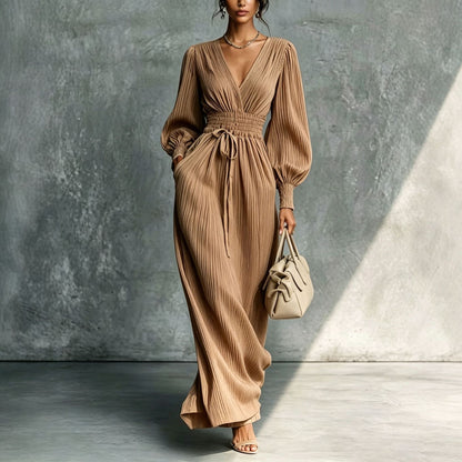 Solid color casual waist cinched long sleeved dress