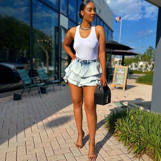 Style High-Waisted Denim Ruffle Mini Skirt Fashion Irregular Mini Skirt for Women