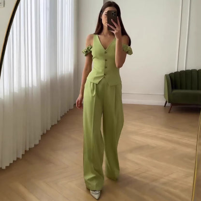 Women's Summer High-Waisted Casual Commute Fashion Solid Color Short Sleeve Two-Piece Set Pants