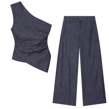 Asymmetric top+wide leg pants set
