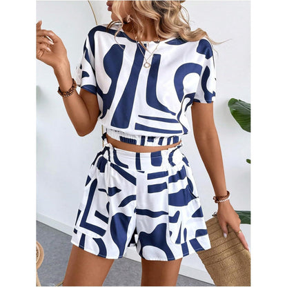 Printed Casual Set Loose Round Neck Short Sleeve Shorts Two-Piece Set