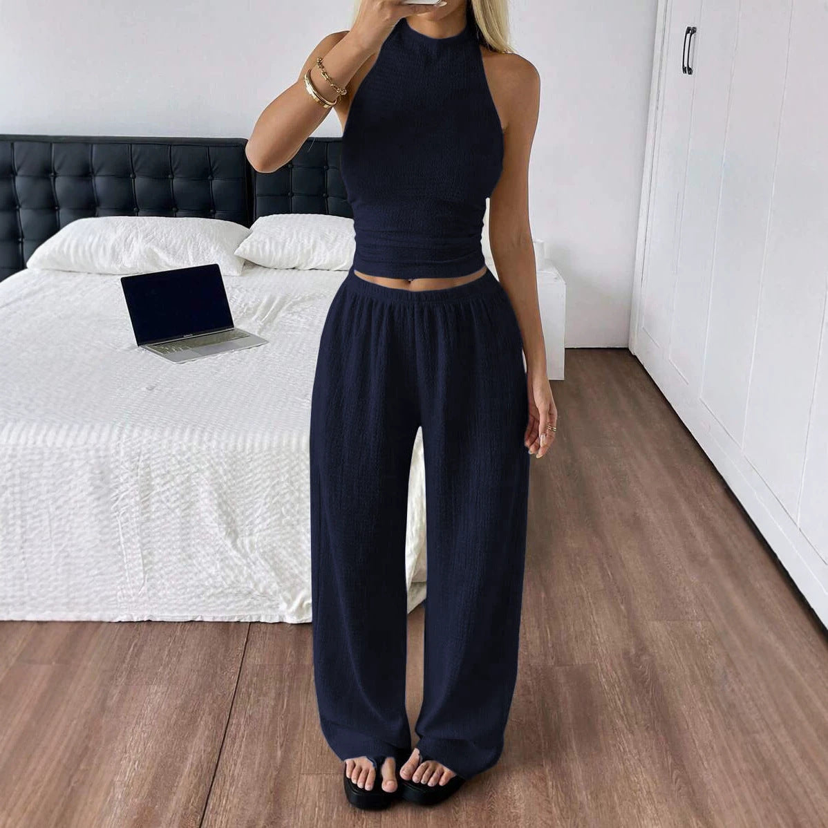 Women's Strapless Top with Wide-Leg Pants Casual Two-Piece Set