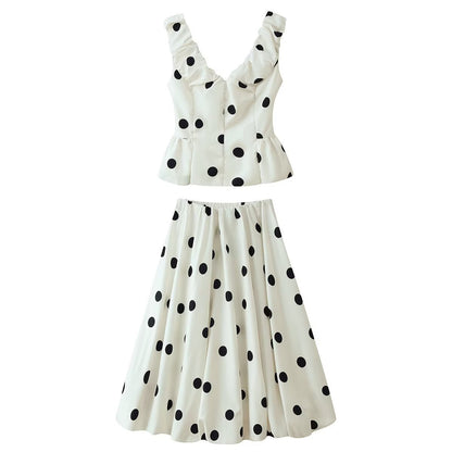 Polka dot V-neck top+polka dot flower bud half skirt set