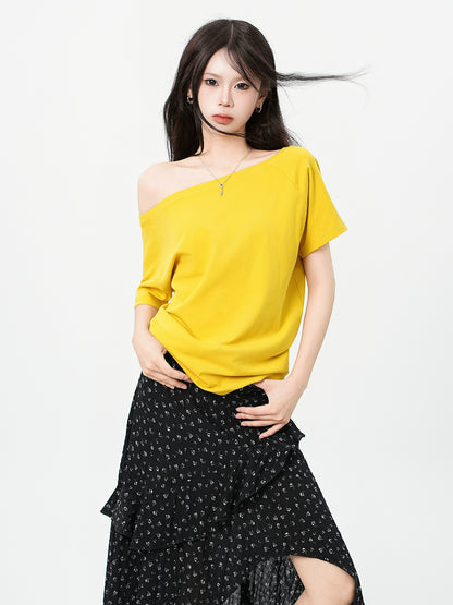 One-Shoulder Slash Neck Sleeveless T-Shirt for Women, Loose Casual Top