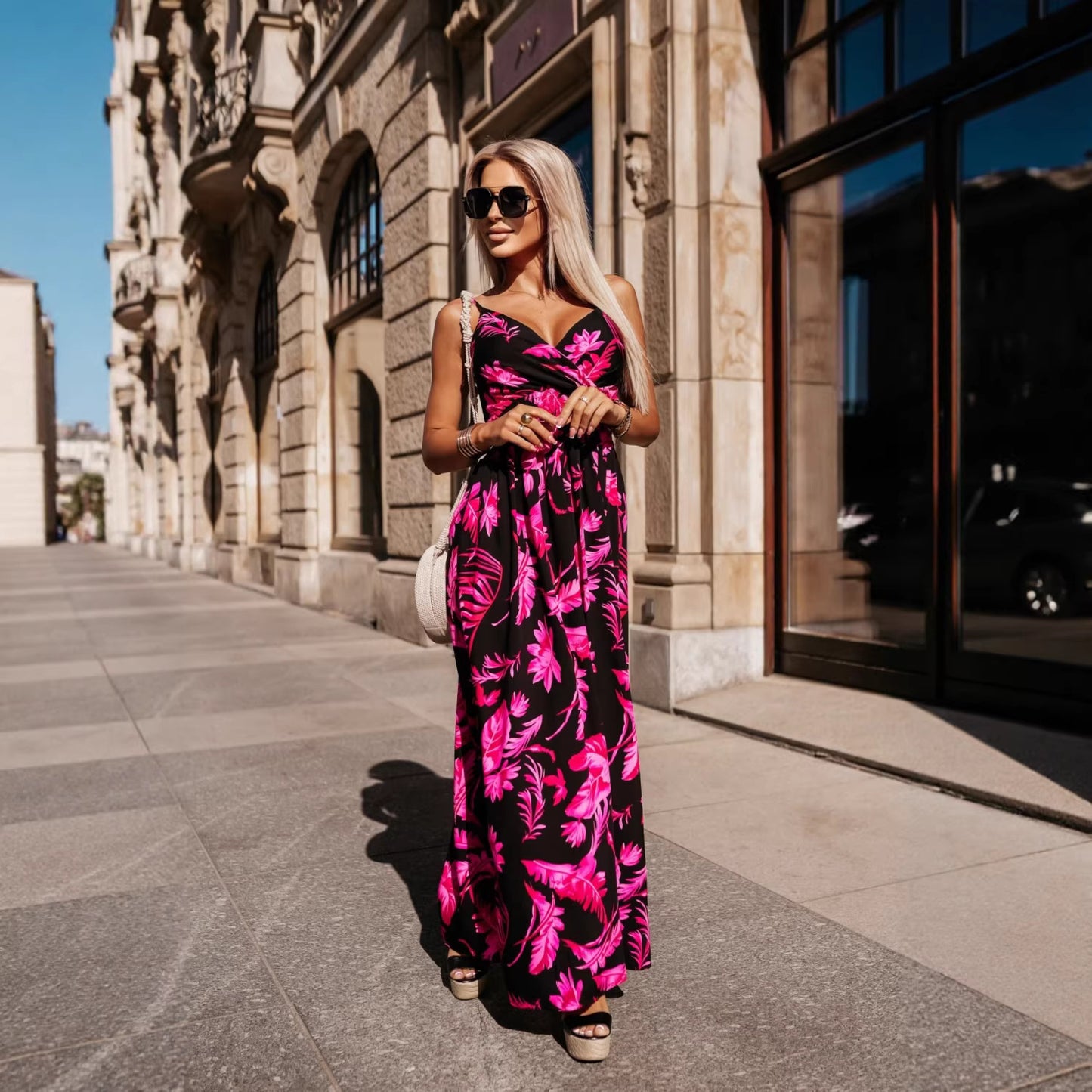 V-neck camisole printed long dress for women