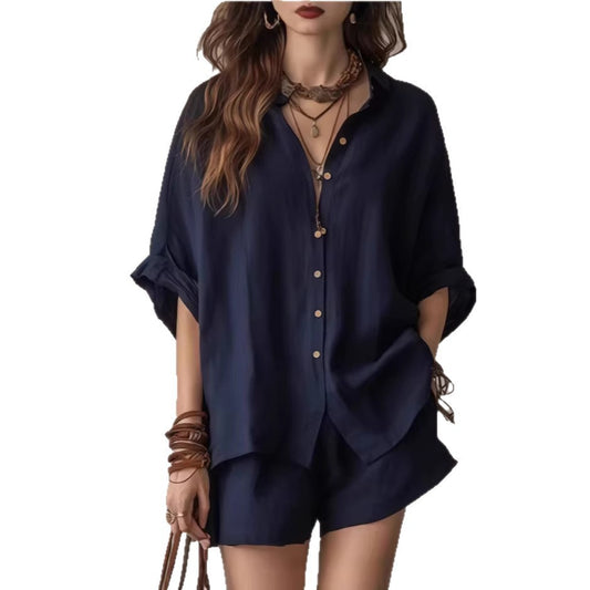 Solid color loose breasted shirt shorts casual set