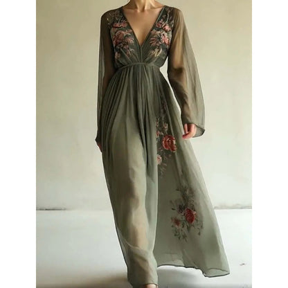 Printed long sleeved long collar dress long skirt