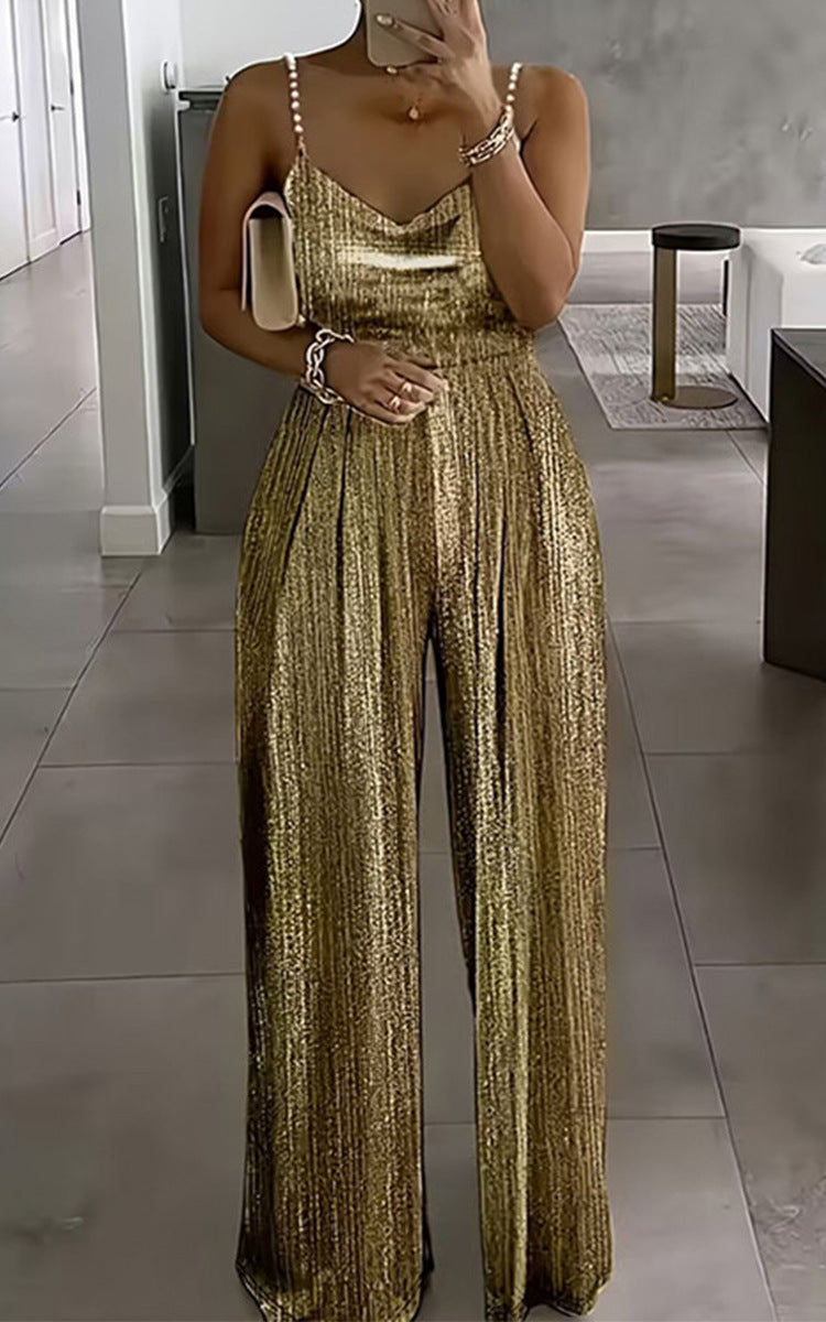 Spring Summer New Women's Fashion Wide Leg Pants, Fitted Waist, Elegant Strap Beaded Jumpsuit